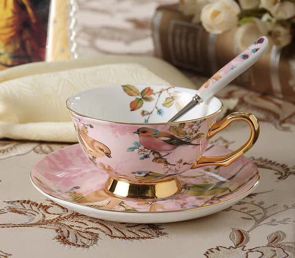 Elegant Ceramic Coffee Cups, 7.4 oz British Tea Cups, Bird Porcelain Tea Cup Saucer Set, Tea Cup and Saucer in Gift Box as Birthday Gift-Grace Painting Crafts