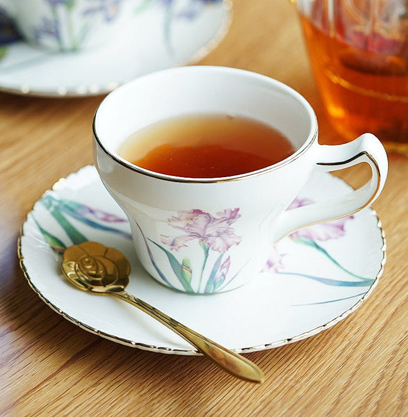 Iris Flower British Tea Cups, Beautiful Bone China Porcelain Tea Cup Set, Traditional English Tea Cups and Saucers, Unique Ceramic Coffee Cups in Gift Box-Grace Painting Crafts