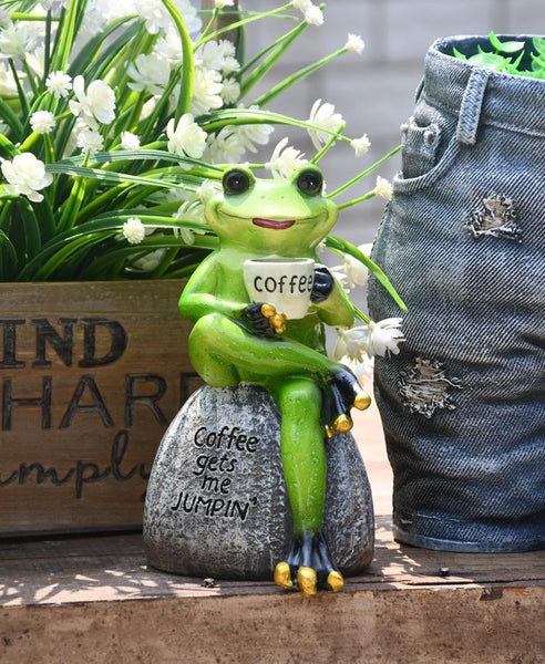 Frog Drinking Coffee Statue for Garden, Animal Statue for Garden Courtyard Ornament, Villa Outdoor Decor Gardening Ideas-Grace Painting Crafts