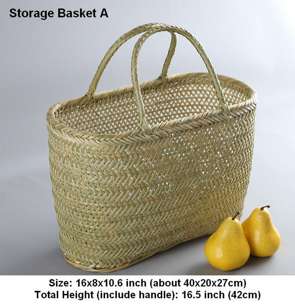 Lovely Bamboo Baskets for Vegetable, Natural Fruit Basket Kitchen Storage Baskets, Picnic Food Basket with Handle, Large Natural Hand-woven Bamboo Basket-Grace Painting Crafts