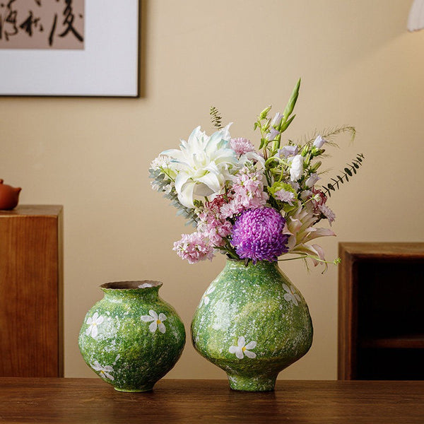 Centerpiece on Dining Table, Handmade Water Holding Flower Vases, Modern Pottery Flower Vases, Pottery Bud Vases, Large Green Flower Vases on Table-Grace Painting Crafts