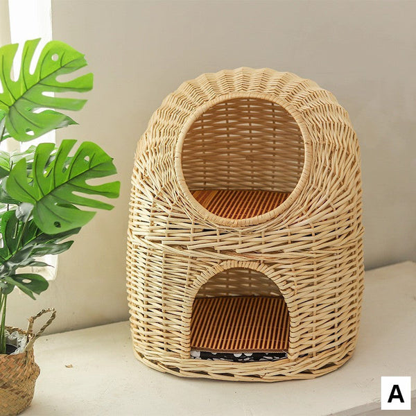 Large Double-Layer Cat Bed, Wicker Cat House Basket with Washable Cushion for Indoor Cats and Dogs-Grace Painting Crafts
