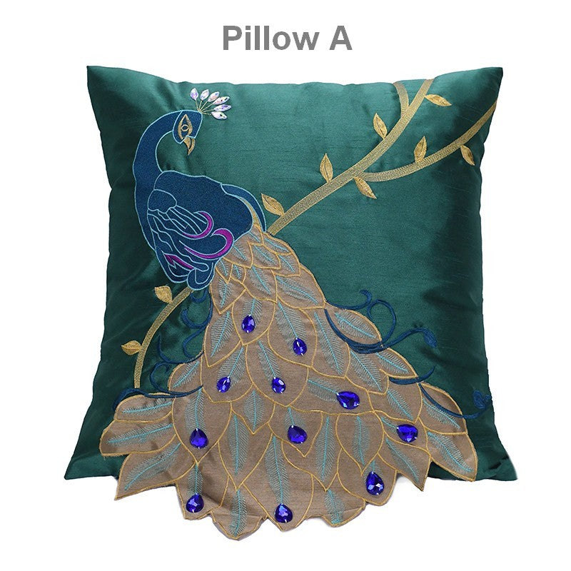 Decorative Sofa Pillows, Decorative Pillows for Couch, Beautiful Decorative Throw Pillows, Green Embroider Peacock Cotton and linen Pillow Cover-Grace Painting Crafts