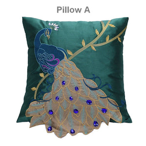 Decorative Sofa Pillows, Decorative Pillows for Couch, Beautiful Decorative Throw Pillows, Green Embroider Peacock Cotton and linen Pillow Cover-Grace Painting Crafts