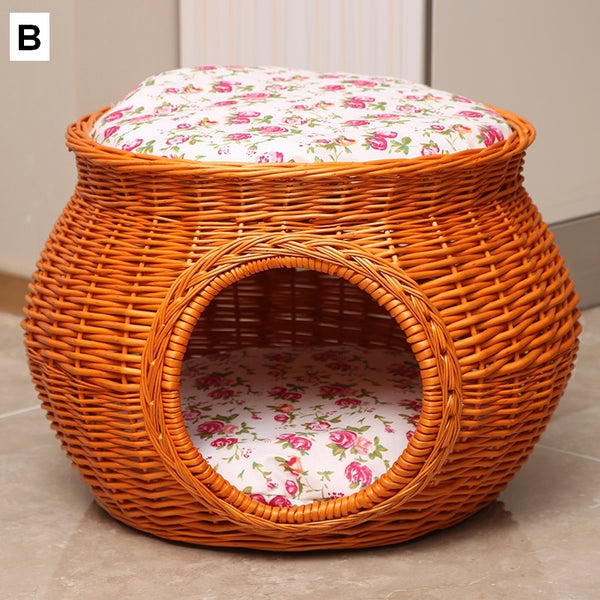 Wicker Cat House Basket with Washable Cushion for Indoor Cats and Dogs, Rattan Cat Bed-Grace Painting Crafts