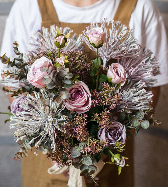 Modern Artificial Flowers for Home Decoration, Rose Flowers, Eucalyptus Globulus, Holly Leaf, Bedroom Flower Arrangement Ideas, Spring Flower Arrangement for Living Room-Grace Painting Crafts