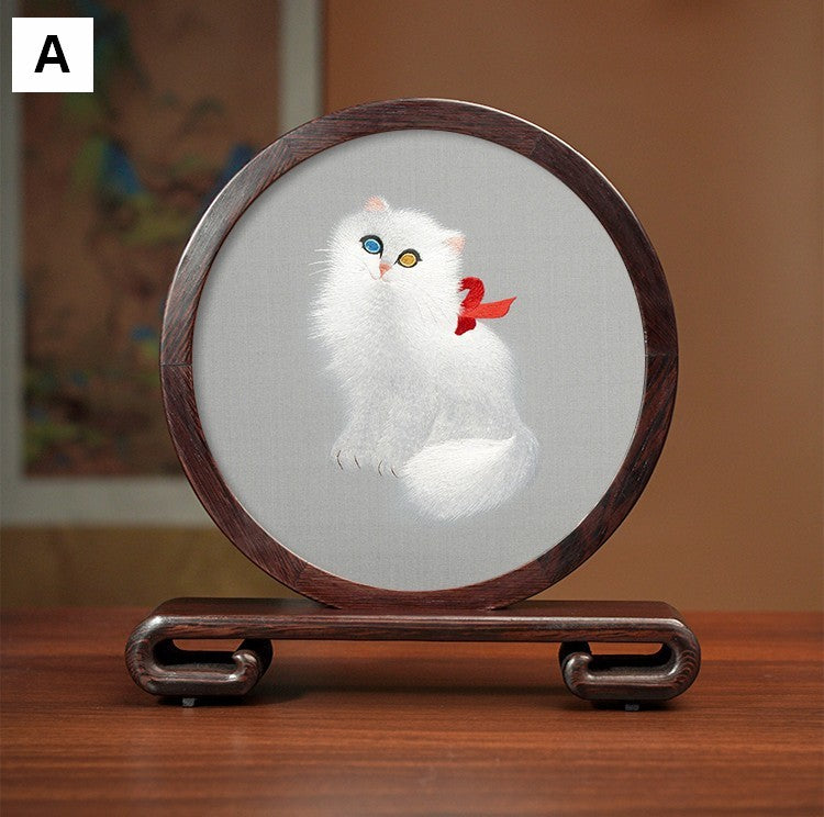 Unique Birthday Gift, Traditional Chinese Suzhou Kitten Embroidery Ornament, Lovely Kitty Cat Embroidered Decor, Premium Souvenir, Exclusive Business Present-Grace Painting Crafts