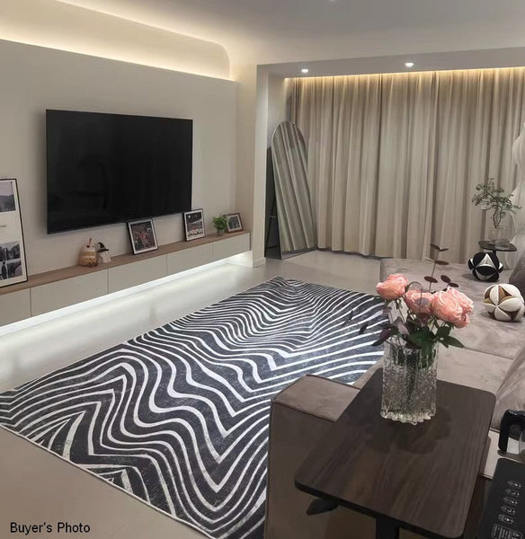 Abstract Contemporary Rugs for Bedroom, Black Stripe Area Rugs under Sofa, Mid Century Area Rugs for Living Room, Modern Carpets for Office, Dining Room Floor Rugs-Grace Painting Crafts