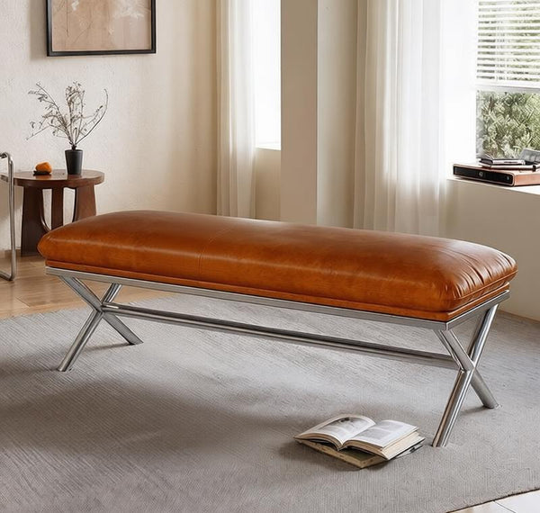 Upholstered Shoe Bench, Contemporay Bedroom Bench, Luxury Genuine Leather Entry Bench, Narrow Entryway Bench, Modern Shoe Changing Ottoman, Mid-Century Hall Bench-Grace Painting Crafts