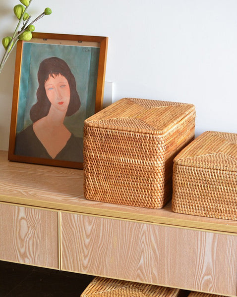 Storage Baskets with Lid, Rectangular Storage Baskets, Storage Baskets for Clothes, Pantry Storage Baskets, Rattan Woven Storage Basket for Bedroom-Grace Painting Crafts