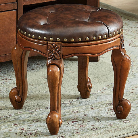 Genuine Leather Solid Wood Entry Bench, Vintage Round Stool, Solid Wood Ottoman, Rubberwood Entry Bench, Vanity Stool-Grace Painting Crafts