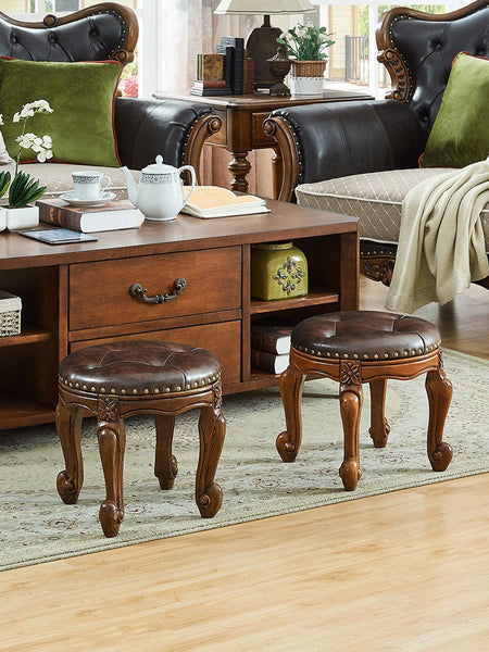 Genuine Leather Solid Wood Entry Bench, Vintage Round Stool, Solid Wood Ottoman, Rubberwood Entry Bench, Vanity Stool-Grace Painting Crafts