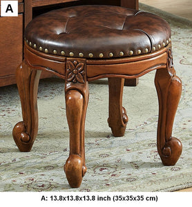 Genuine Leather Solid Wood Entry Bench, Vintage Round Stool, Solid Wood Ottoman, Rubberwood Entry Bench, Vanity Stool-Grace Painting Crafts