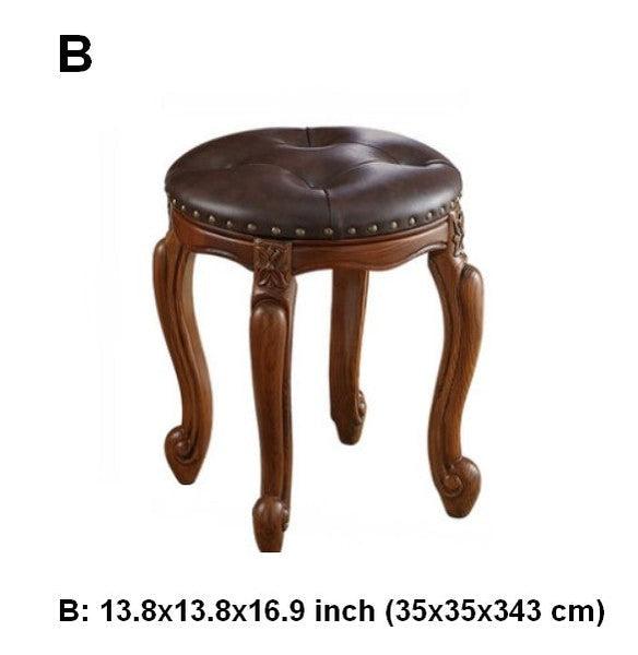 Genuine Leather Solid Wood Entry Bench, Vintage Round Stool, Solid Wood Ottoman, Rubberwood Entry Bench, Vanity Stool-Grace Painting Crafts