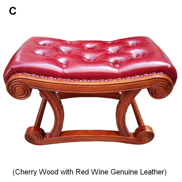 Cherry Wood Footstool, Vintage Leather Stool, Genuine Leather Solid Wood Entry Bench, Long Bench, Vanity Stool, Dressing Table Stool-Grace Painting Crafts