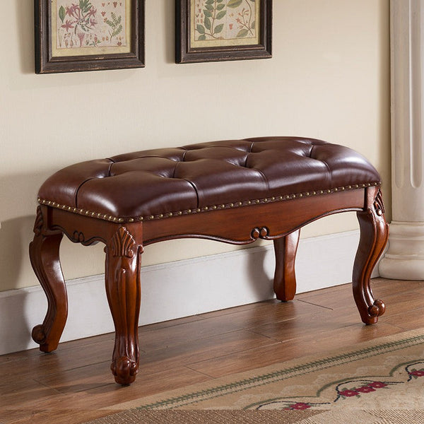 Rubber Wood Footstool, Vintage Brown Leather Stool, Genuine Leather Solid Wood Entry Bench, Farmhouse Entryway Bench, Leather Lounge Chair Modern, Dressing Table Stool-Grace Painting Crafts