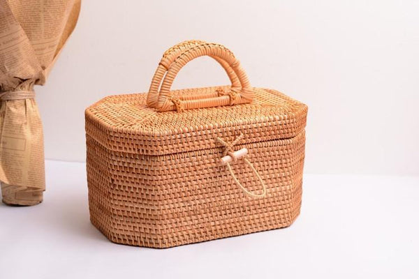Rattan Wicker Serving Basket, Storage Baskets for Picnic, Kitchen Storage Baskets, Woven Storage Baskets with Lid-Grace Painting Crafts