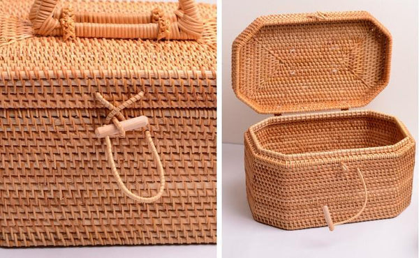 Rattan Wicker Serving Basket, Storage Baskets for Picnic, Kitchen Storage Baskets, Woven Storage Baskets with Lid-Grace Painting Crafts