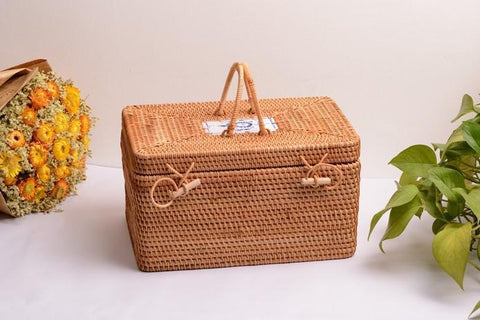Rattan Wicker Serving Basket, Storage Baskets for Picnic, Kitchen Storage Baskets, Woven Storage Baskets with Lid-Grace Painting Crafts
