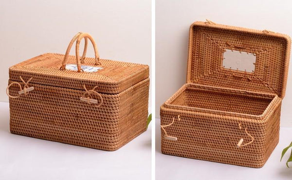 Rattan Wicker Serving Basket, Storage Baskets for Picnic, Kitchen Storage Baskets, Woven Storage Baskets with Lid-Grace Painting Crafts