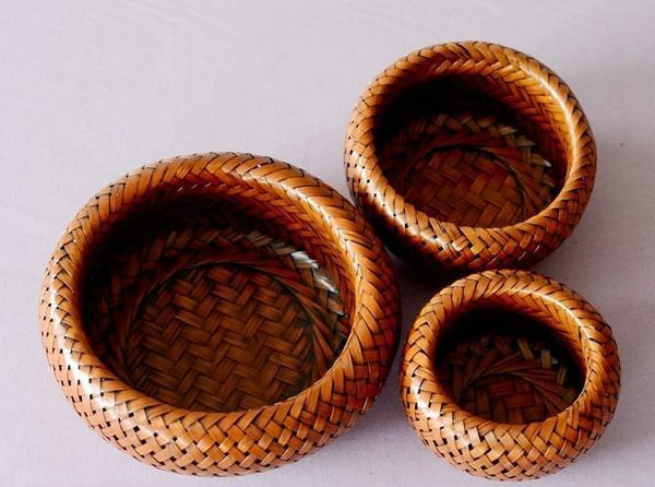 Farmhouse Small Storage Basket, Woven Snacks Basket, Bamboo Storage Basket, Round Storage Basket for Kitchen, Set of 3-Grace Painting Crafts