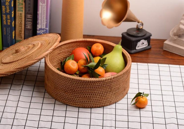 Woven Storage Basket with Lid, Large Rattan Baskets, Round Basket for Kitchen, Storage Baskets for Shelves-Grace Painting Crafts