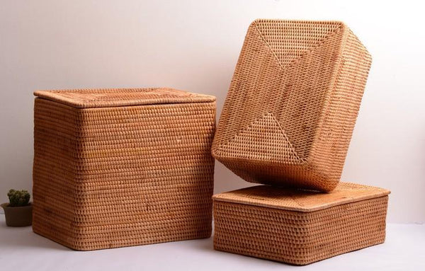 Woven Rattan Baskets, Rectangular Basket with Lid, Rectangular Storage Baskets, Storage Basket for Bedroom, Kitchen Storage Baskets-Grace Painting Crafts