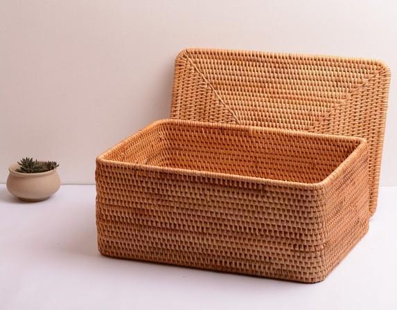 Woven Rattan Baskets, Rectangular Basket with Lid, Rectangular Storage Baskets, Storage Basket for Bedroom, Kitchen Storage Baskets-Grace Painting Crafts