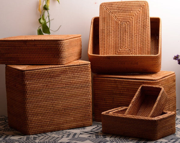 Woven Storage Baskets, Rectangular Storage Basket with Lid, Large Storage Basket for Clothes, Storage Baskets for Shelves, Kitchen Storage Baskets-Grace Painting Crafts