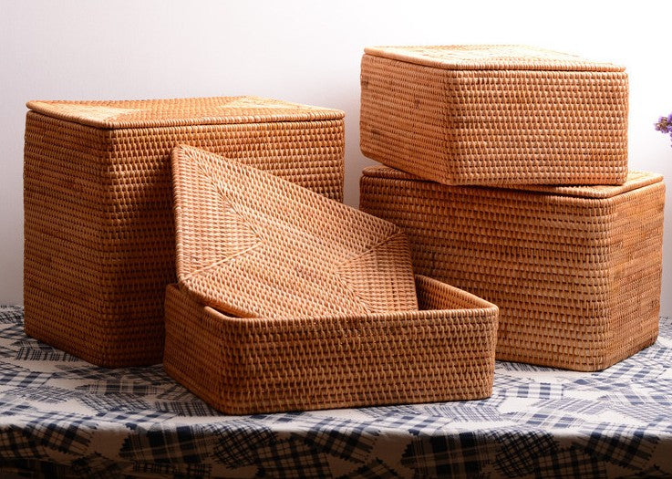 Storage Baskets with Lid, Rectangular Storage Baskets, Storage Baskets for Clothes, Pantry Storage Baskets, Rattan Woven Storage Basket for Bedroom-Grace Painting Crafts