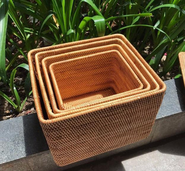 Large Woven Storage Baskets, Rectangular Storage Basket with Lid, Rattan Storage Baskets, Storage Baskets for Living Room, Storage Basket for Bedroom-Grace Painting Crafts