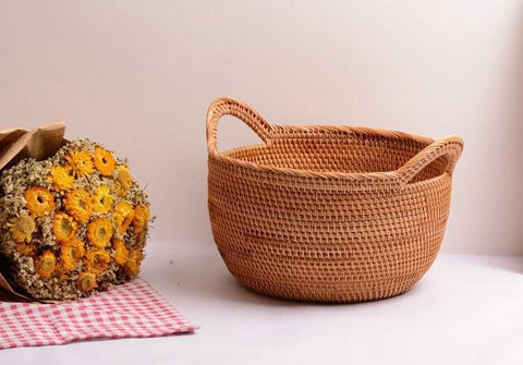 Woven Storage Basket, Kitchen Storage Basket, Large Rattan Basket, Kitchen Storage Ideas, Round Storage Basket-Grace Painting Crafts