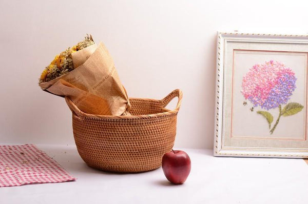 Woven Storage Basket, Kitchen Storage Basket, Large Rattan Basket, Kitchen Storage Ideas, Round Storage Basket-Grace Painting Crafts