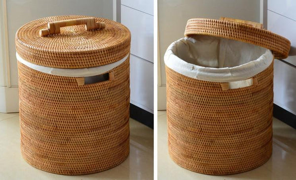 Large Laundry Storage Basket with Lid, Large Rattan Storage Basket for Bathroom, Woven Round Storage Basket for Clothes-Grace Painting Crafts