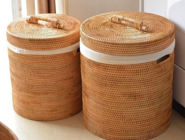Large Laundry Storage Basket with Lid, Large Rattan Storage Basket for Bathroom, Woven Round Storage Basket for Clothes-Grace Painting Crafts