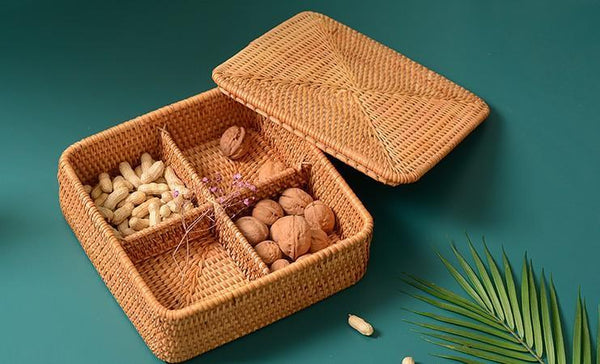 Storage Basket with Lid, Rattan Square Basket, Storage Basket with Lid, Kitchen Storage Baskets-Grace Painting Crafts