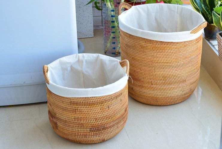 Large Hand Woven Round Basket With Handle, Natural Rattan Storage For Living Room And Bathroom