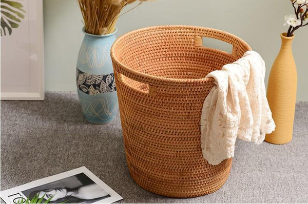 Storage Basket for Bathroom, Large Rattan Storage Basket, Laundry Round Storage Basket, Woven Storage Baskets-Grace Painting Crafts