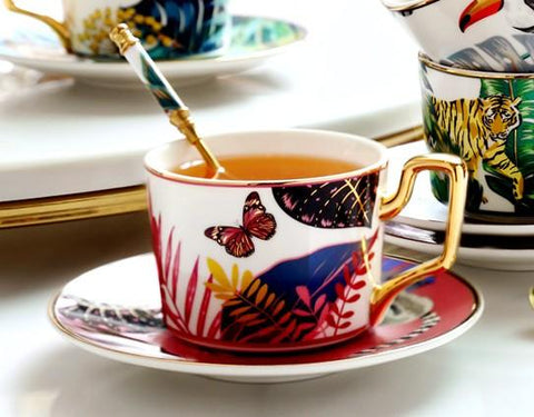 Butterfly Pattern Porcelain Coffee Cups, Coffee Cups with Gold Trim and Gift Box, Tea Cups and Saucers-Grace Painting Crafts