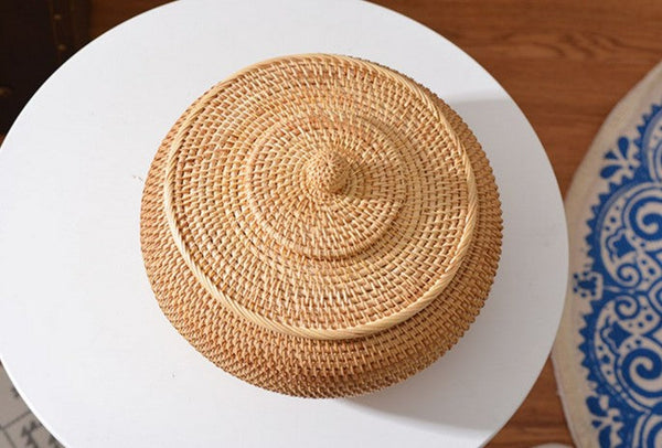 Woven Storage Basket for Kitchen, Round Storage Basket, Rattan Baskets, Small Storage Baskets, Handmade Storage Baskets, Round Storage Basket with Lid-Grace Painting Crafts