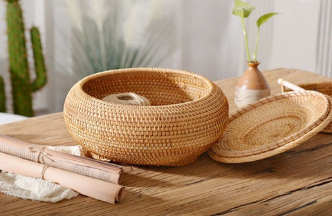 Rattan Storage Basket for Kitchen, Storage Basket for Picnic, Small Storage Baskets, Round Storage Basket with Lid, Woven Storage Baskets-Grace Painting Crafts