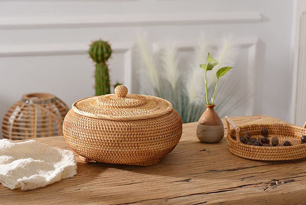 Woven Storage Basket for Kitchen, Round Storage Basket, Rattan Baskets, Small Storage Baskets, Handmade Storage Baskets, Round Storage Basket with Lid-Grace Painting Crafts
