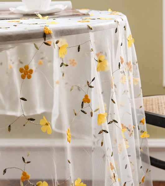 Yellow Flower Lace Tablecloths, Extra Large Rectangular Tablecloth for Oval Table, Lace Embroidered Table Covers, Rectangular Table Covers for Coffee Table-Grace Painting Crafts