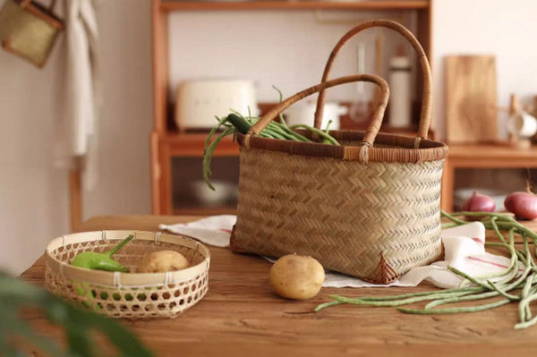 Storage Basket with Handle, Large Kitchen Storage Baskets, Natural Hand-woven Bamboo Storage Basket, Lovely Bamboo Weaving Baskets for Vegetable, Picnic Fruit Storage Baskets-Grace Painting Crafts