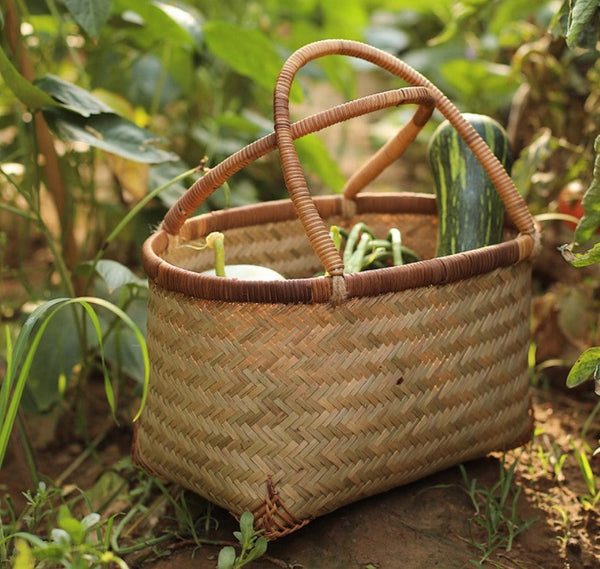 Storage Basket with Handle, Large Kitchen Storage Baskets, Natural Hand-woven Bamboo Storage Basket, Lovely Bamboo Weaving Baskets for Vegetable, Picnic Fruit Storage Baskets-Grace Painting Crafts