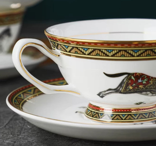 Porcelain Tea Cup and Saucer Set, Elegant British Horse Pattern Coffee Cup with Saucer, Ceramic Tea Cup and Saucer in Gift Box
