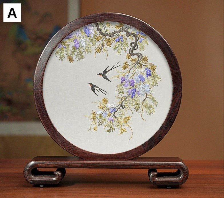 Silk Embroidered Ornament, Premium Souvenir, Exclusive Business Presents, Creative Birthday Gift, Traditional Chinese Suzhou Flower and Birds Embroidery Ornaments-Grace Painting Crafts