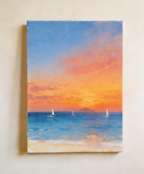 Tranquil Sails Under the Burning Clouds, Hand Painted Canvas Art, Original Seascape Paintings, Small Canvas Artwork, Original Oil Paintings, Buy Small Paintings Online-Grace Painting Crafts