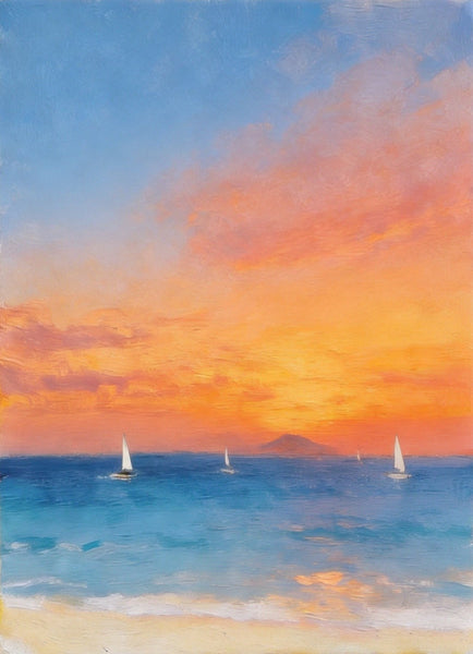 Tranquil Sails Under the Burning Clouds, Hand Painted Canvas Art, Original Seascape Paintings, Small Canvas Artwork, Original Oil Paintings, Buy Small Paintings Online-Grace Painting Crafts
