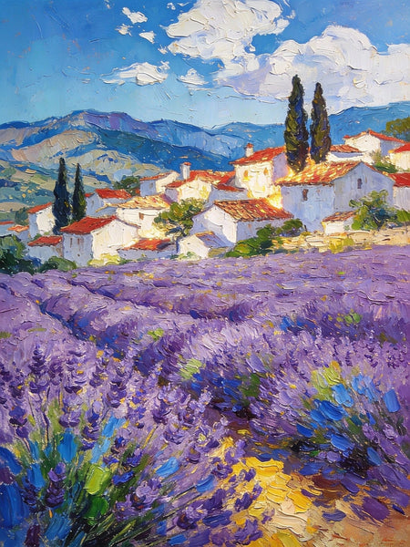 Provence - Lavender Fields and a Slumbering Village, Impasto Paintings, Original Small Paintings on Canvas, Small Oil Paintings, Hand Painted Canvas Art, Landscape Canvas Paintings-Grace Painting Crafts